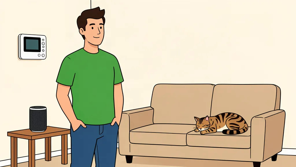 Cartoon of a homeowner controlling smart home devices from his phone